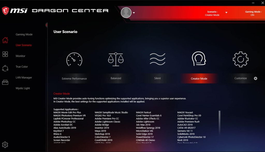 msi dragon center user setting