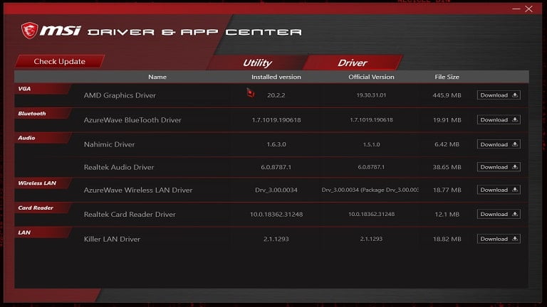 msi driver and app center screenshot